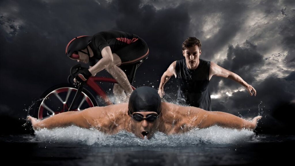 A cyclist and a swimmer in action, showcasing the differences in full-body fitness benefits between cycling and swimming.