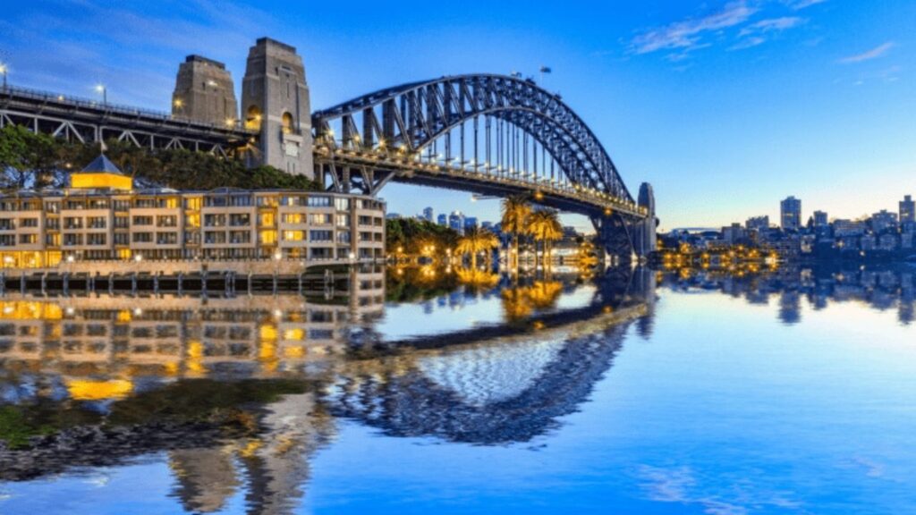 Iconic view of Sydney Harbour featuring the Sydney Opera House and Sydney Harbour Bridge.