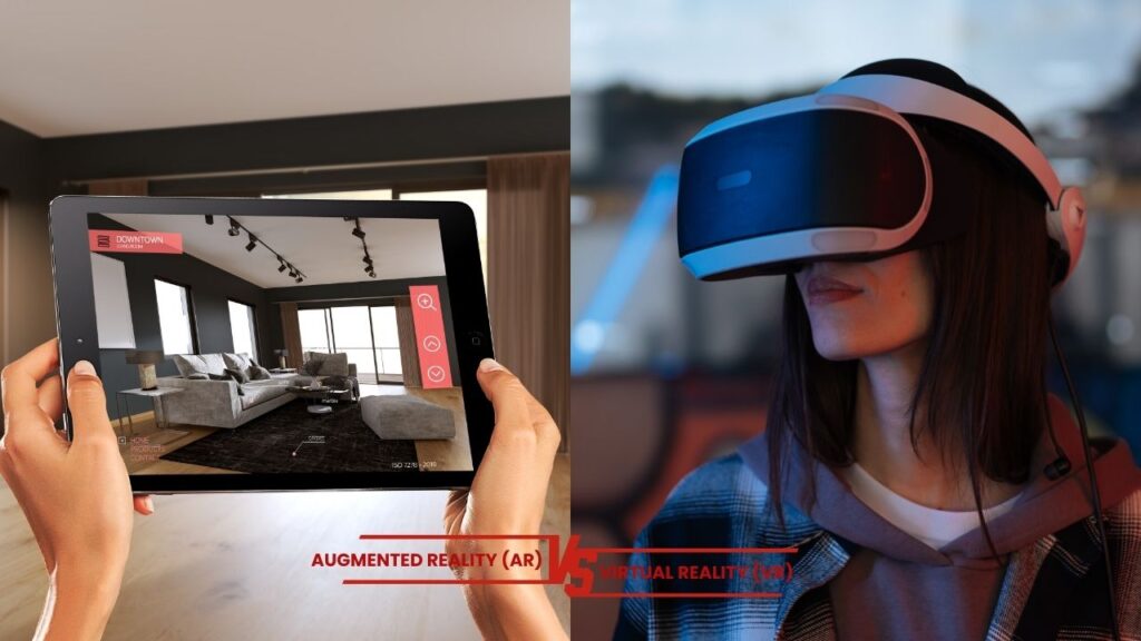 A person wearing a virtual reality (VR) headset while interacting with augmented reality (AR) elements in a digital environment.