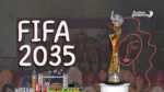 FIFA logo with a backdrop of the UK flag and a football, announcing the UK's hosting of the 2035 World Cup.