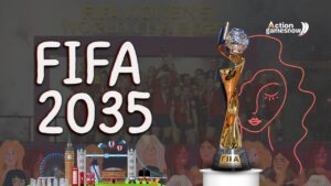 FIFA logo with a backdrop of the UK flag and a football, announcing the UK's hosting of the 2035 World Cup.