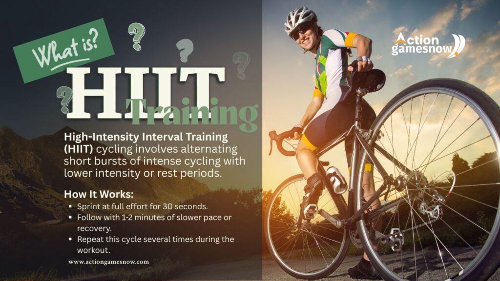 A cyclist performing a high-intensity interval training (HIIT) session, showcasing the effort and energy involved in fast cycling sprints.