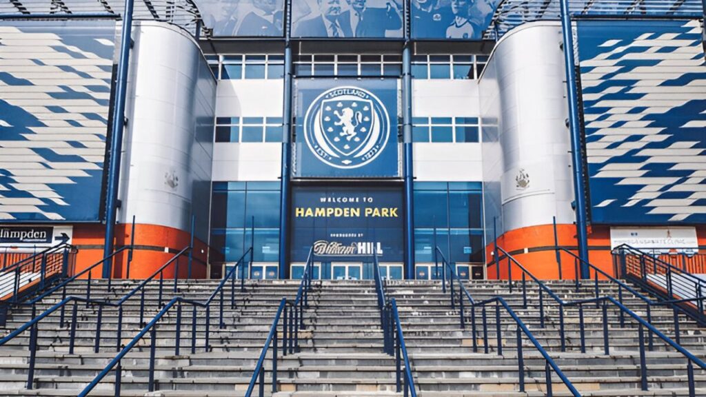 View of Hampden Park, Glasgow’s iconic stadium, home to Scottish football and major events, showcasing its grand exterior and vast seating capacity.