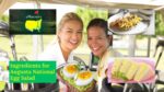 Augusta National egg salad sandwich served on white bread with a golf-themed party setup.