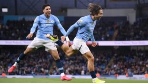 Jack Grealish celebrates scoring his first league goal in 16 months for Manchester City.
