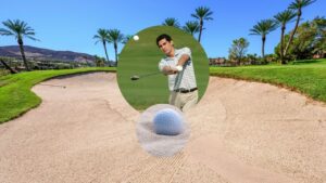 A golfer preparing to put their club down in a bunker, demonstrating proper technique and posture.