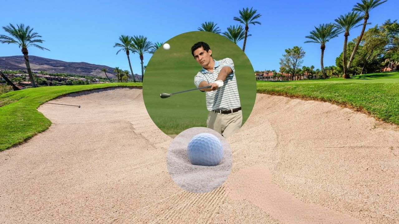 A golfer preparing to put their club down in a bunker, demonstrating proper technique and posture.