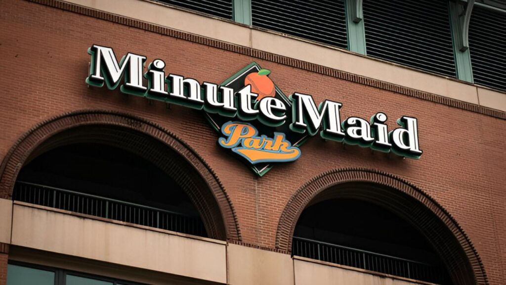Exterior view of Minute Maid Park, home to the Houston Astros, showcasing its iconic retractable roof and modern architecture in Houston, Texas.