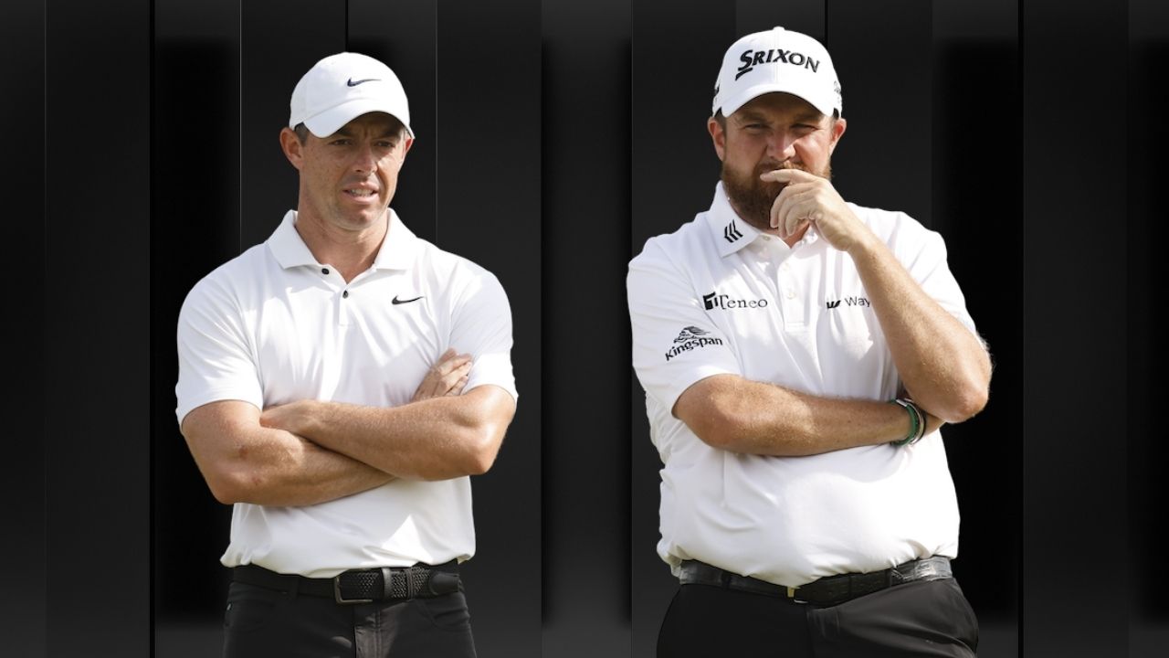 Shane Lowry and Rory McIlroy at a golf course, discussing plans ahead of the PGA Championship.