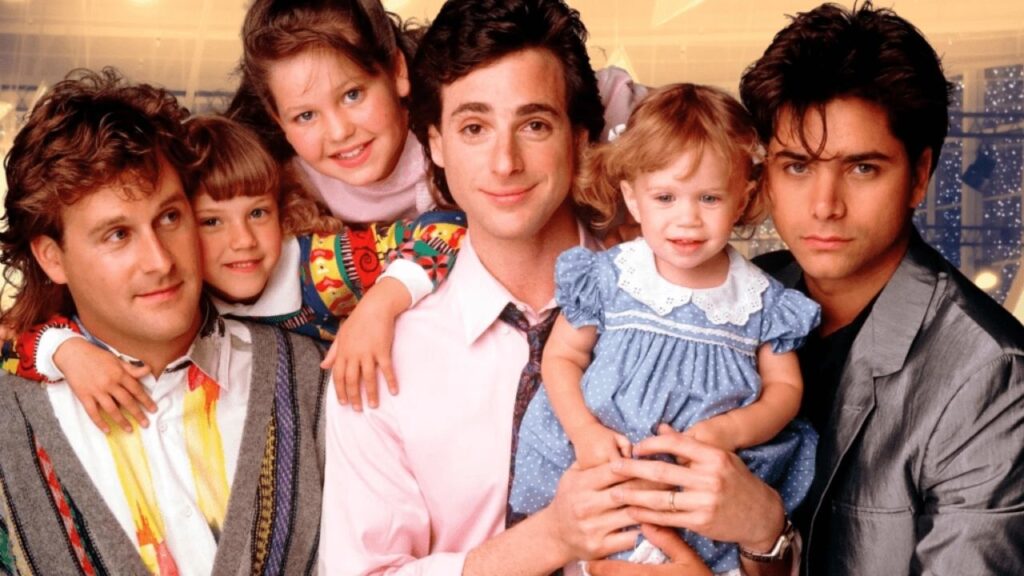 Cast of "Full House," featuring Dave Coulier, Jodie Sweetin, Candace Cameron Bure, Bob Saget, Mary-Kate and Ashley Olsen, and John Stamos.