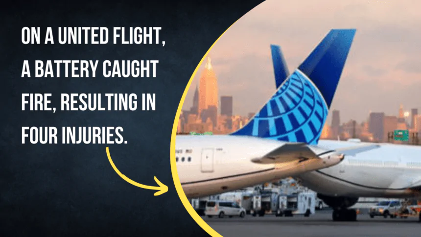 On a United flight, a battery caught fire, resulting in four injuries.