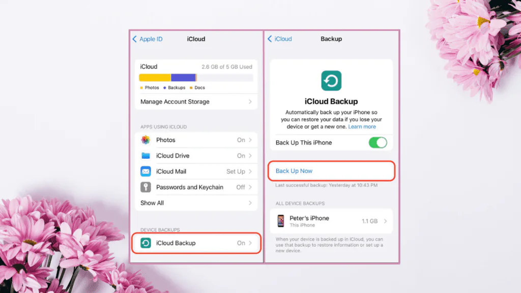 If iCloud Backup isn't set up automatically, make sure to manually back up your iPhone.