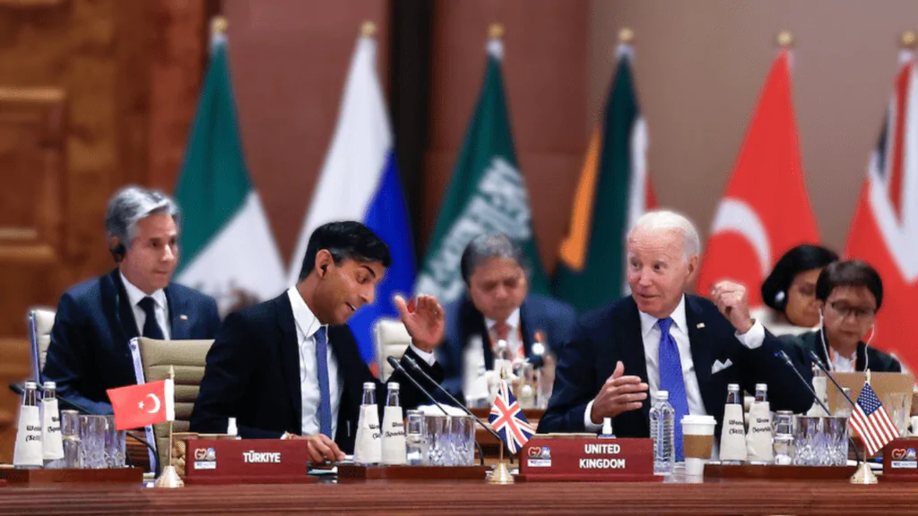 President Biden and British Prime Minister Rishi Sunak both spoke at the G-20 meeting in New Delhi on Saturday.