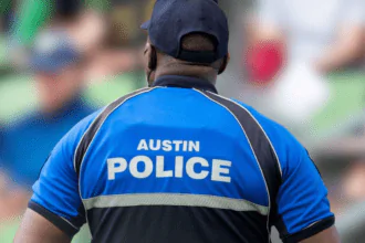 A member of the Austin, Texas police branch stands watch throughout the Gold Cup.