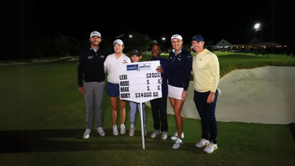 This is Rory McIlroy, winner of The Match IX, with Max Homa, Rose Zhang, Lexi Thompson, and two child champions.